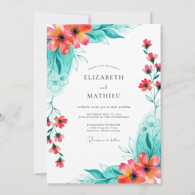Coral Teal Floral Romance Wedding Invitation (Front)