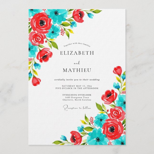 Coral & Teal Floral Whimsy Wedding Invitation (Front)