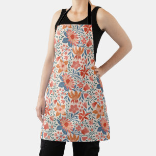Coral & Teal Garden Blooms on Soft Beige Apron