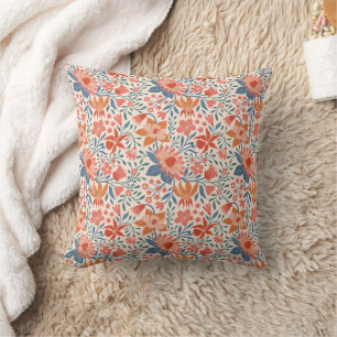 Coral & Teal Garden Blooms on Soft Beige Cushion