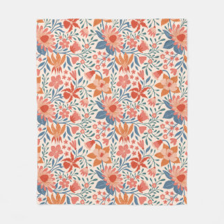 Coral & Teal Garden Blooms on Soft Beige Fleece Blanket