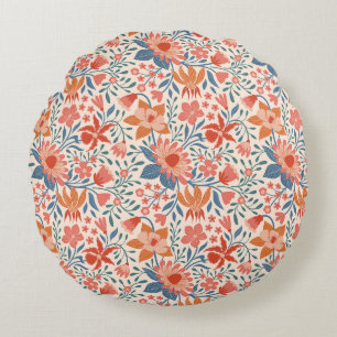 Coral & Teal Garden Blooms on Soft Beige Round Cushion