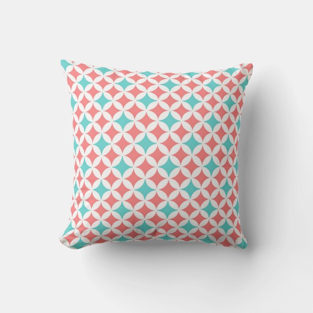 Coral Teal Geometric Pattern Decorative Pillow (Front)