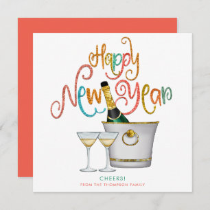 Coral Teal Gold Glitter Happy New Year Champagne Holiday Card