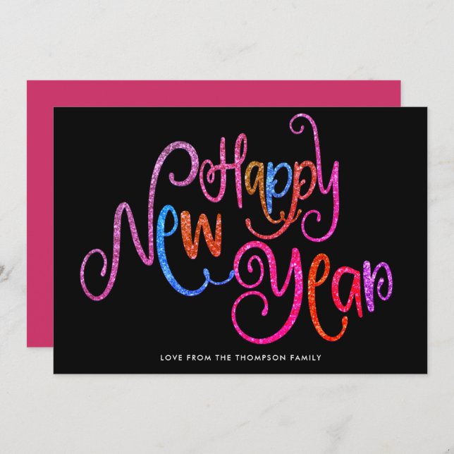 Coral Teal Gold Glitter Happy New Year Text Black Holiday Card (Front/Back)