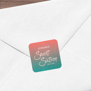Coral & Teal Gradient Sweet 16 Birthday Square Sticker