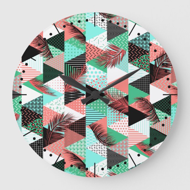 Coral Teal Memphis Style Triangles Large Clock (Front)