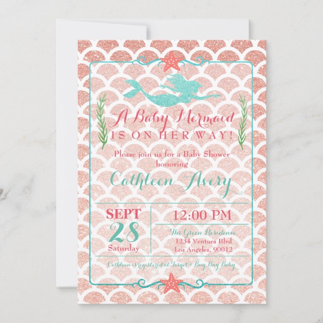 Coral & Teal Mermaid Baby Shower Invitation (Front)