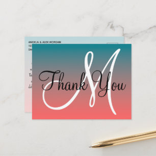 Coral Teal Ombre Monogram Thank You Postcard