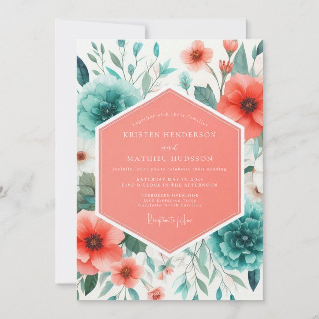 Coral Teal Painterly Poppy Wedding Invitation (Front)