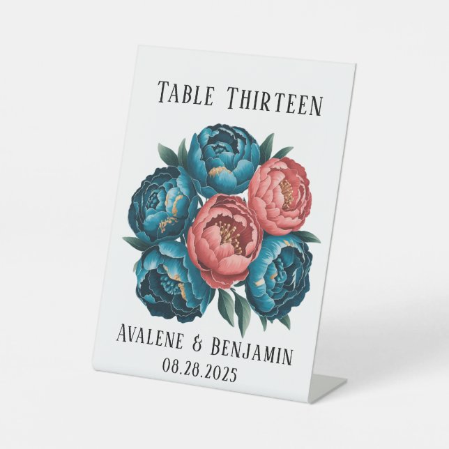 Coral Teal Peony Gold Bouquet Wedding Table Numer Pedestal Sign (Front)