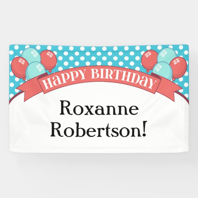Coral Teal Polka Dot Balloon Birthday Banner (Horizontal)