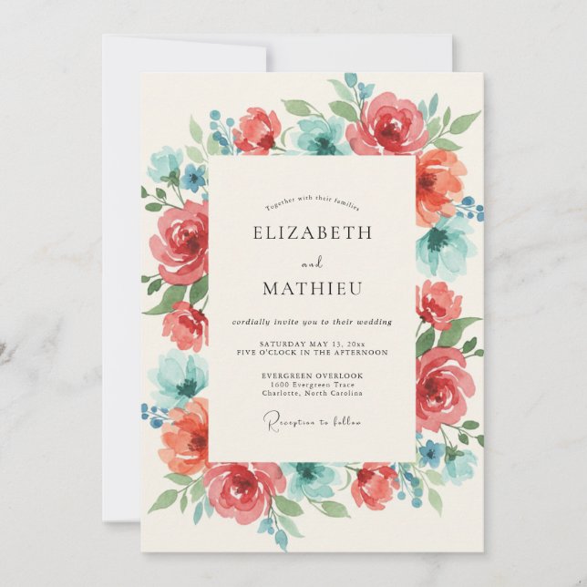 Coral Teal Ranunculus Eucalyptus Wedding Invitation (Front)
