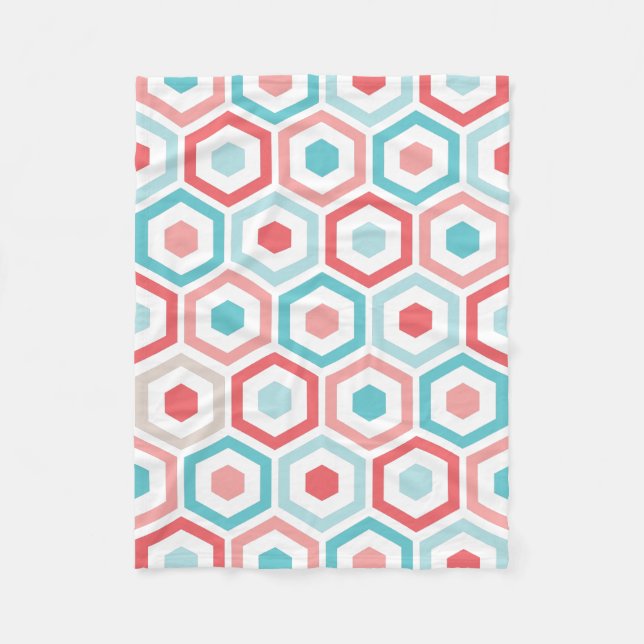 Coral Teal Retro Geometric Pattern Fleece Blanket (Front)