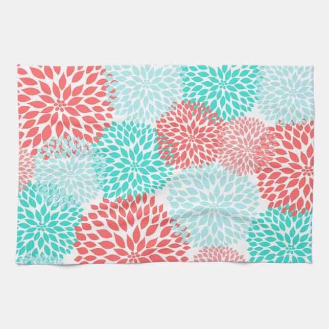 Coral Teal Seafoam dahlias kitchen decor Tea Towel (Horizontal)