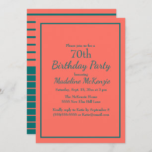 Coral Teal Striped 70th Birthday Party Invite