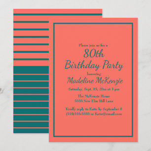 Coral Teal Striped 80th Birthday Party Invite