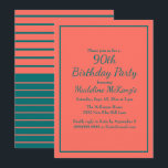 Coral Teal Striped 90th Birthday Party Invite<br><div class="desc">Celebrate a remarkable lifetime milestone with this elegant 90th birthday party invitation, featuring a warm coral background paired with rich teal typography for a classic and dignified look. A refined double-line border frames the design, while flowing script lettering and clean serif text create a timeless balance of grace and readability....</div>