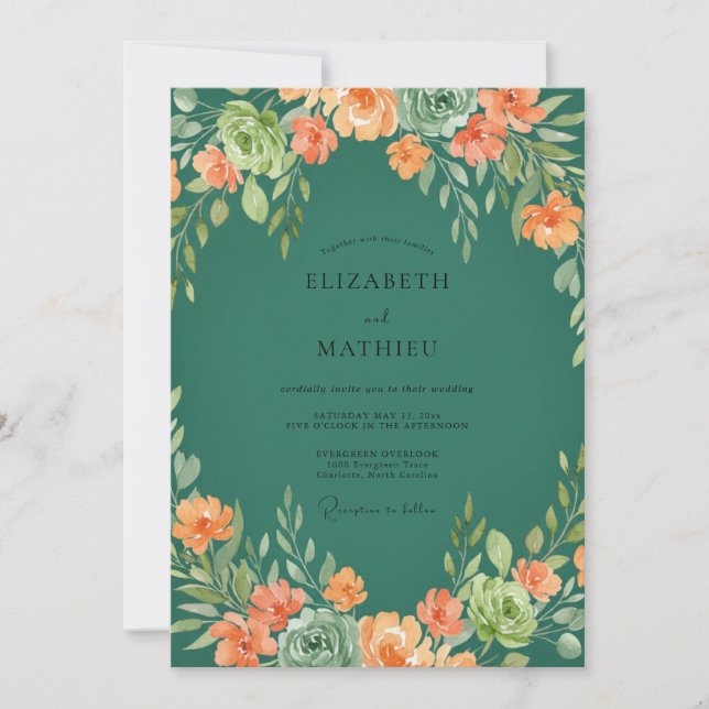 Coral Teal Succulent Eucalyptus Wedding Invitation (Front)