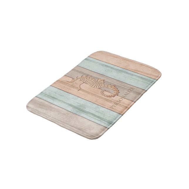 Coral, Teal, & Tan Beach Wood / Seahorse Bath Mat (Angled)