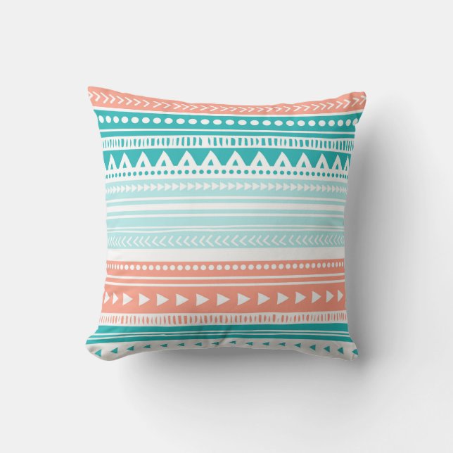 Coral Teal Tribal Decorative Pillow (Front)