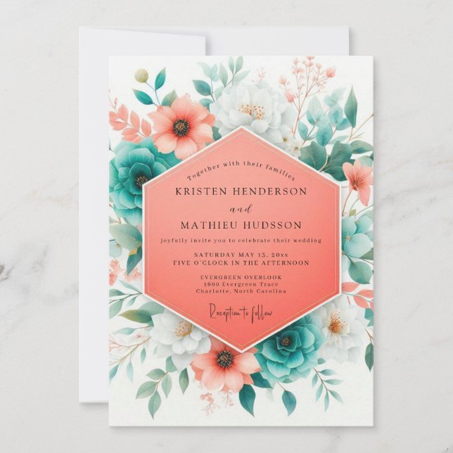 Coral Teal Vibrant Bloom Wedding Invitation (Front)