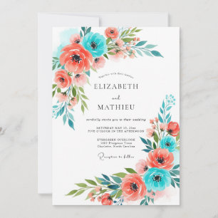 Coral Teal Whimsical Floral Wedding Invitation