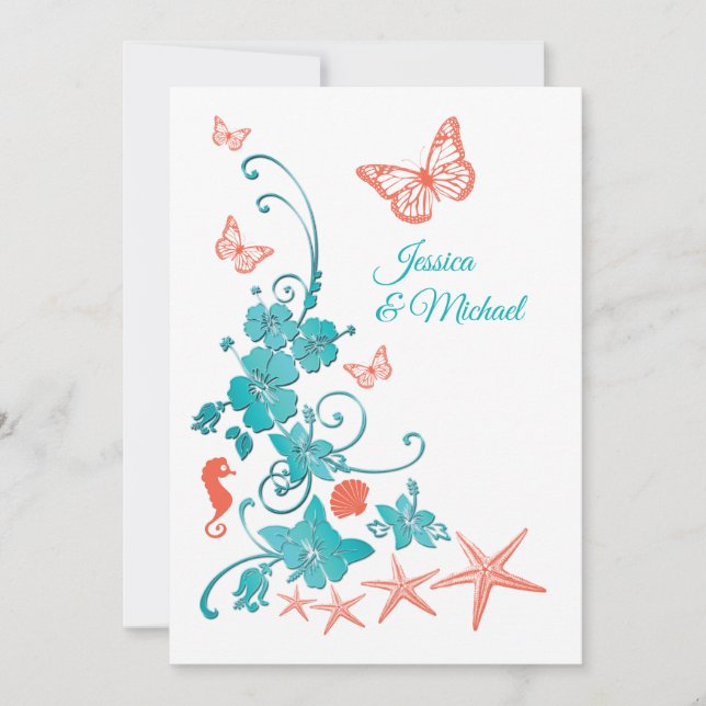 Coral, Teal, White Destination Wedding Invitation (Front)