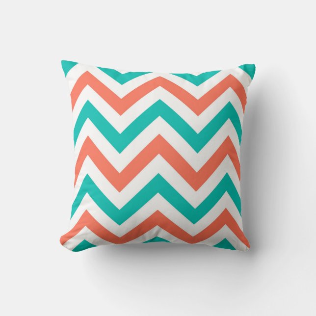 Coral, Teal, White Large Chevron ZigZag Pattern Cushion (Front)