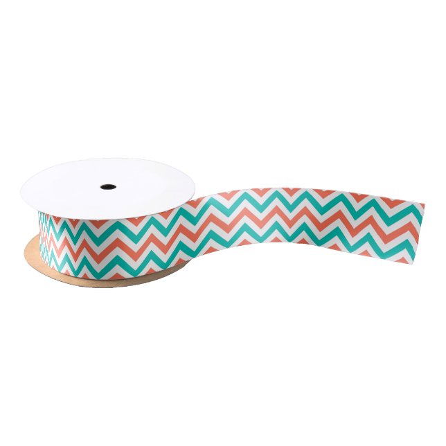 Coral, Teal, White Large Chevron ZigZag Pattern Satin Ribbon (Spool)
