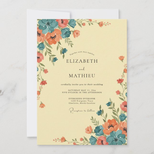 Coral Teal Wildflower Wedding Invitation (Front)