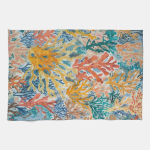 Coral Teal Yellow Orange Beachy Tea Towel