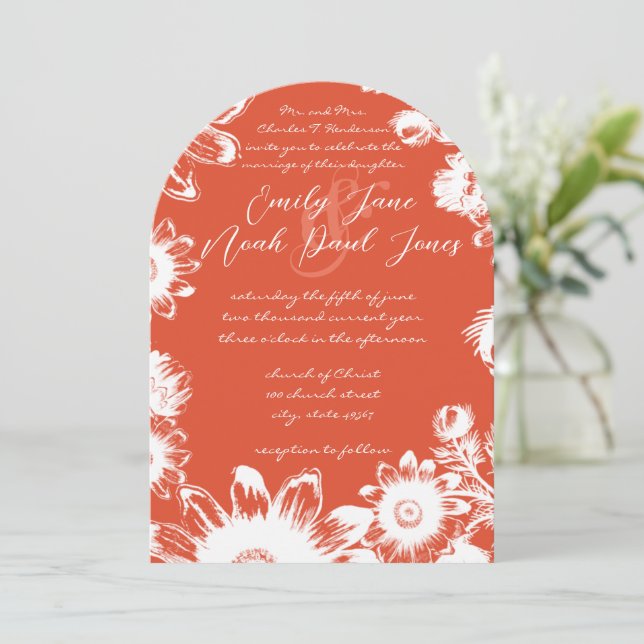 Coral Terracotta Floral Wedding  Invitation (Standing Front)