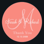 Coral Thank You Wedding Monogram Sticker<br><div class="desc">Initial Stickers with bride and groom name, date of wedding and a thank you message to express your gratitude on your wedding day or any special occasion. .This monogram wedding sticker is in Coral colour .More colours are available for your choice . You can also customise the colour and font...</div>