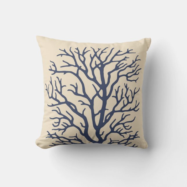 Coral Tree in Cream on Dark Navy Blue 2 Cushion (Front)