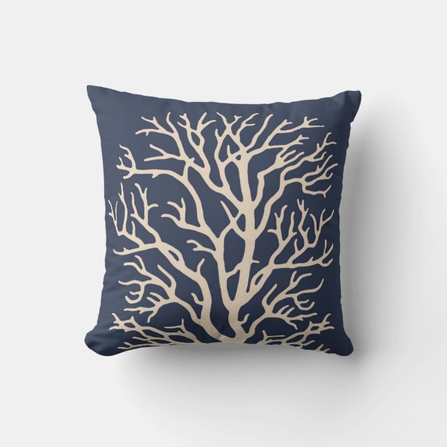 Coral Tree in Cream on Dark Navy Blue Cushion (Front)