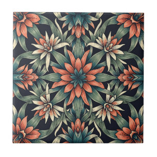 Coral Tropical Floral Seamless Pattern Dark Navy Tile
