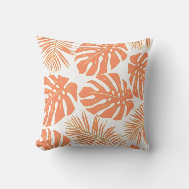 Coral tropical monstera and palm leaves pattern cushion (Front)