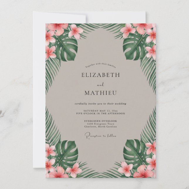 Coral Tropical Monstera Eucalyptus Wedding Invitation (Front)