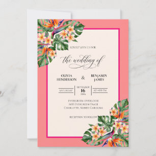Coral Tropical Monstera Grey Eucalyptus Wedding Invitation