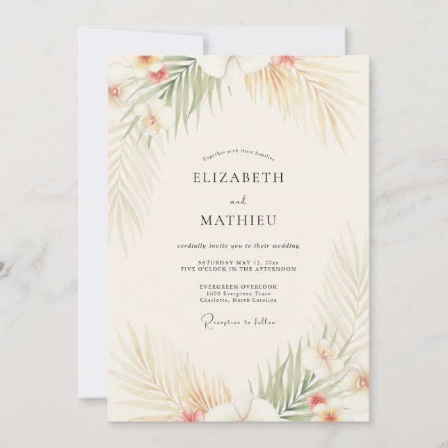 Coral Tropical Palm Eucalyptus Wedding Invitation (Front)