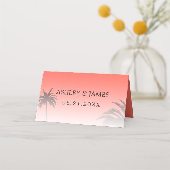 Coral Tropical Palm Tree Beach Wedding Place Card (Front)