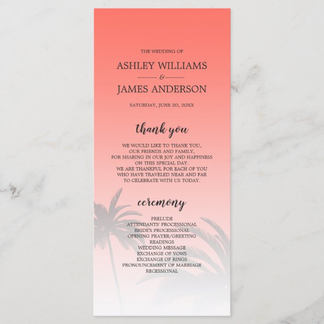 Coral Tropical Palm Tree Beach Wedding Programme (Front)