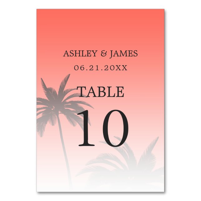 Coral Tropical Palm Tree Beach Wedding Table Number (Back)