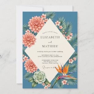 Coral Tropical Slate Eucalyptus Wedding Invitation