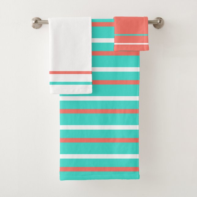 Coral Tuquoise White Stripes Geometric Pattern Bath Towel Set (Insitu)