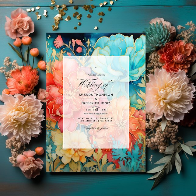 Coral, Turquoise, and Gold Floral Wedding Invitation (Creator Uploaded)