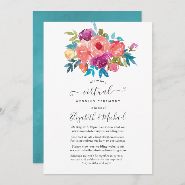 Coral, Turquoise and Purple Floral Virtual Wedding Invitation (Front/Back)
