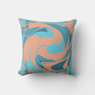 Coral Turquoise Aqua Abstract Flower Art Mosaic Cushion