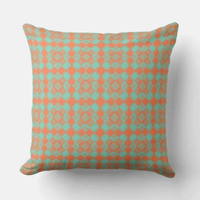 Coral Turquoise Checker Argyle Pattern Cushion (Front)